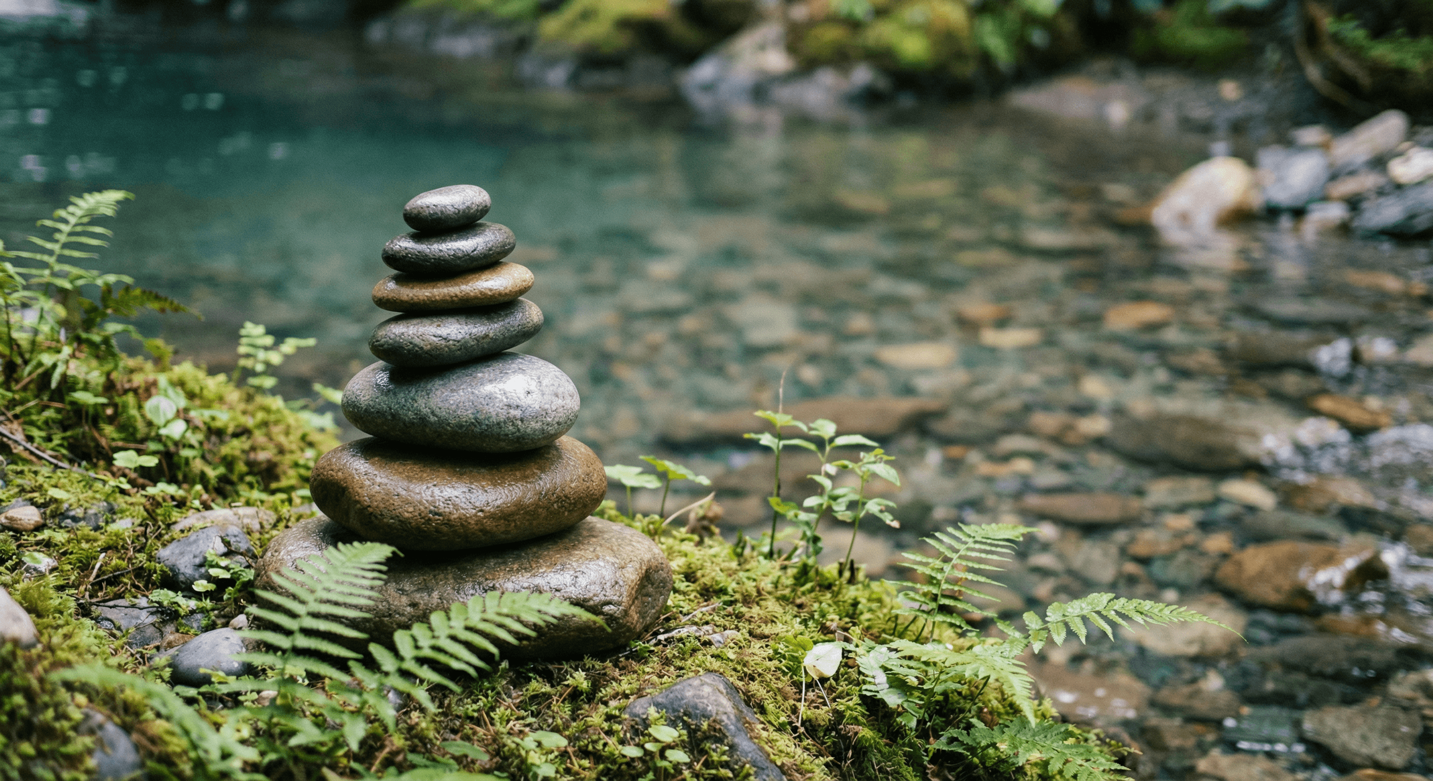 Balanced zen stones by a calm stream